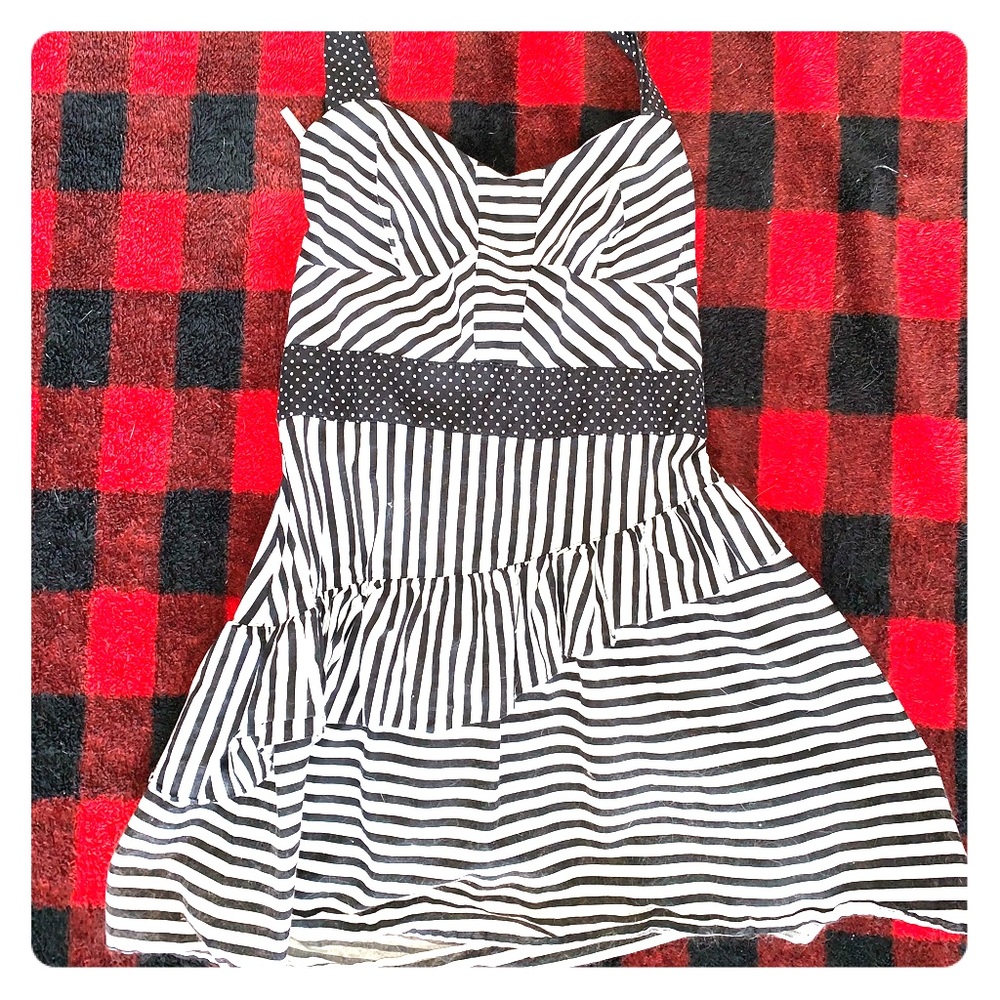 Strapless polka dot + stripped dress